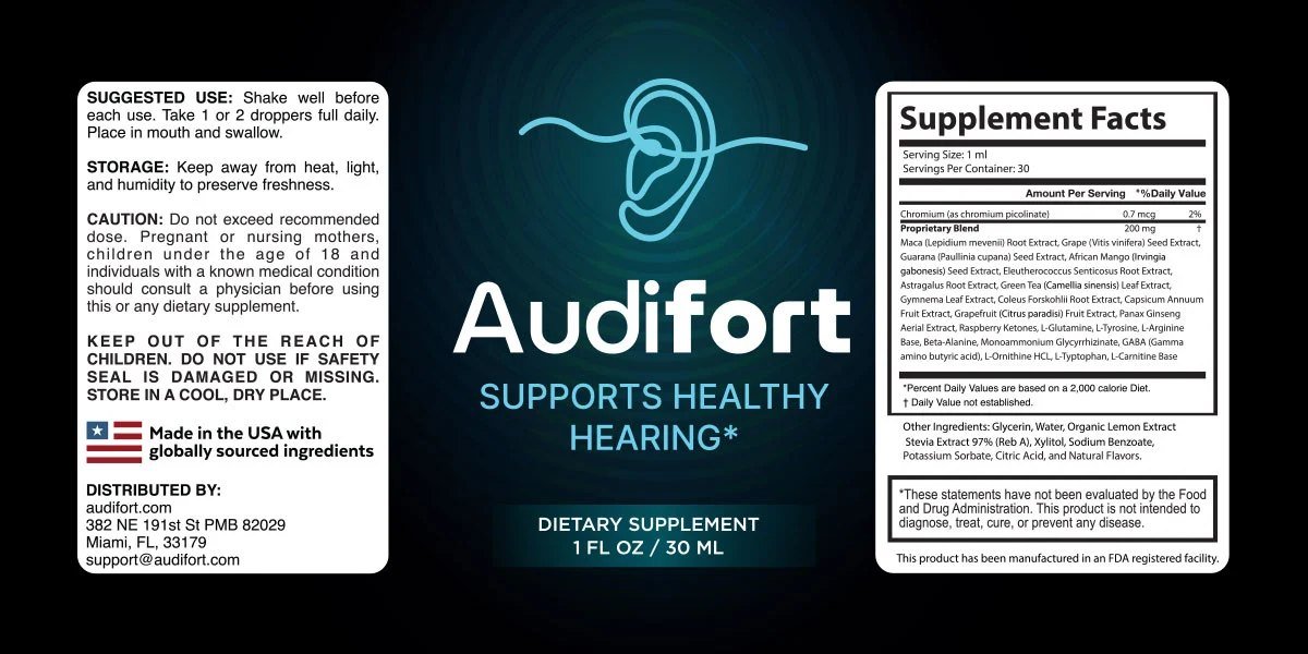 Audifort supplement facts panel showing chromium and a 200 mg proprietary blend